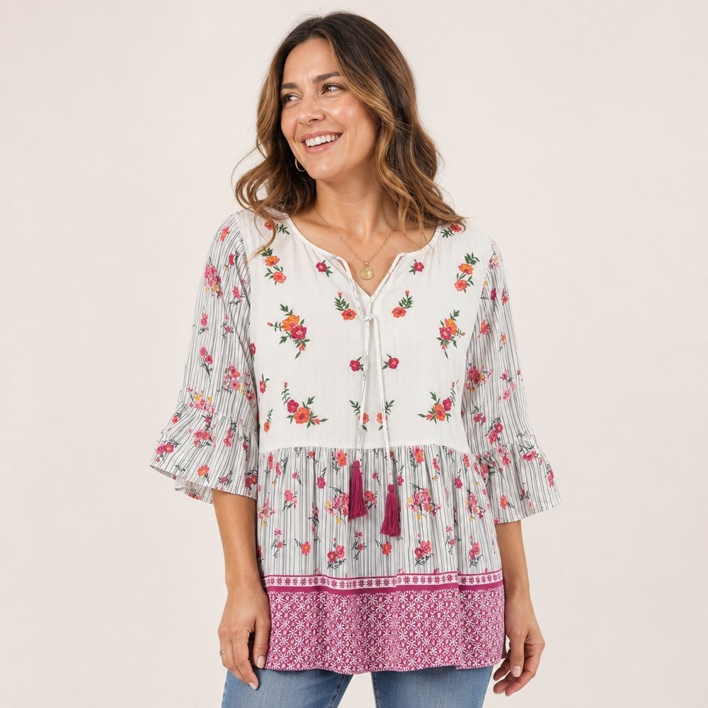 Woman Within Peasant Blouse Women's Plus 22/24 1X White Floral Embroidered